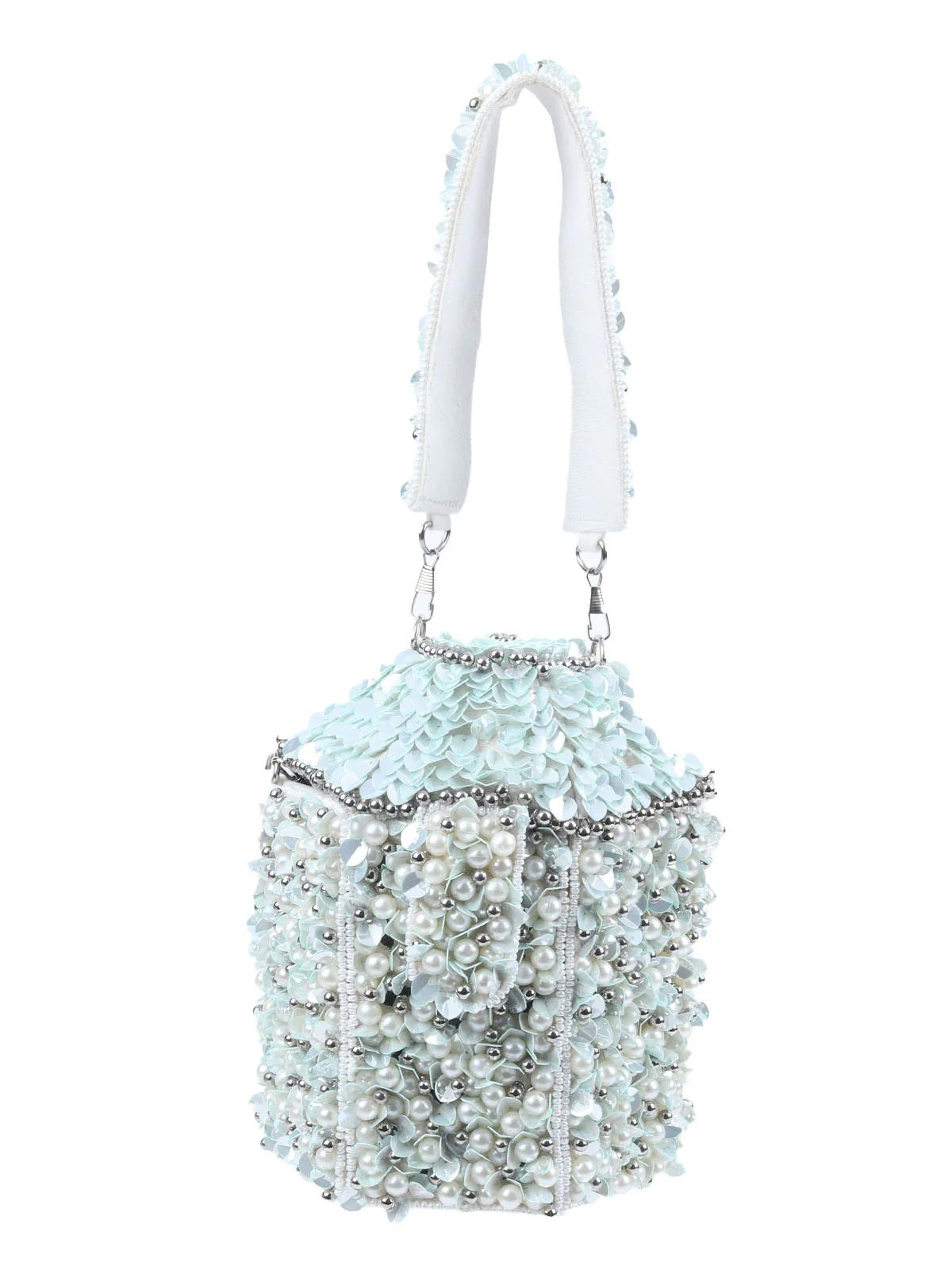 Odette Off White Suede Embellished Potli For Women - Image 3