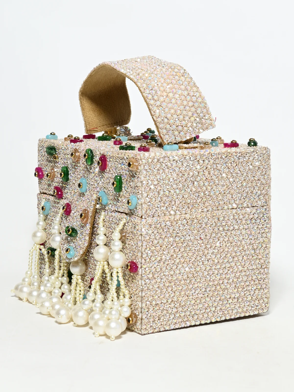 Odette Off White Suede Pearl Embellished Clutch For Women - Image 4