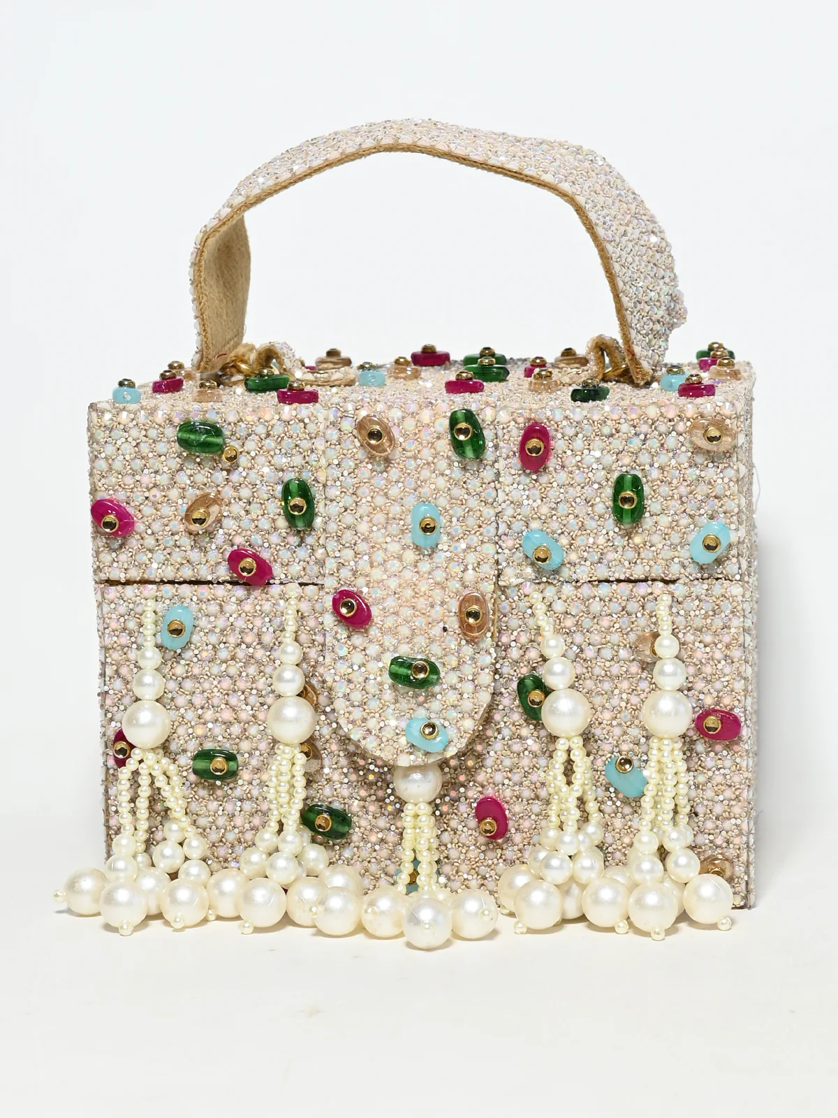 Odette Off White Suede Pearl Embellished Clutch For Women - Image 5