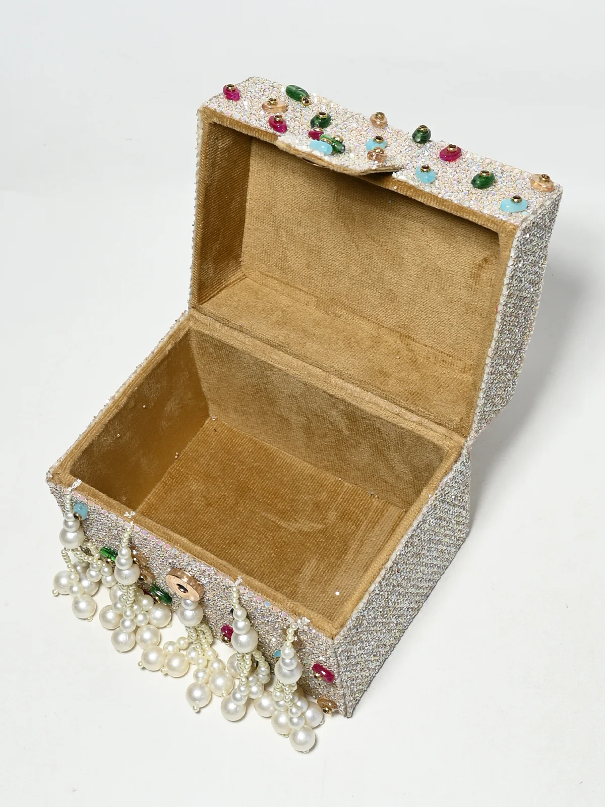Odette Off White Suede Pearl Embellished Clutch For Women - Image 6