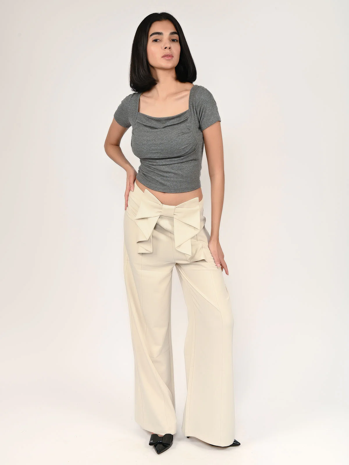 Odette Off White Suiting fabric Bow Design Trouser For Women - Image 2