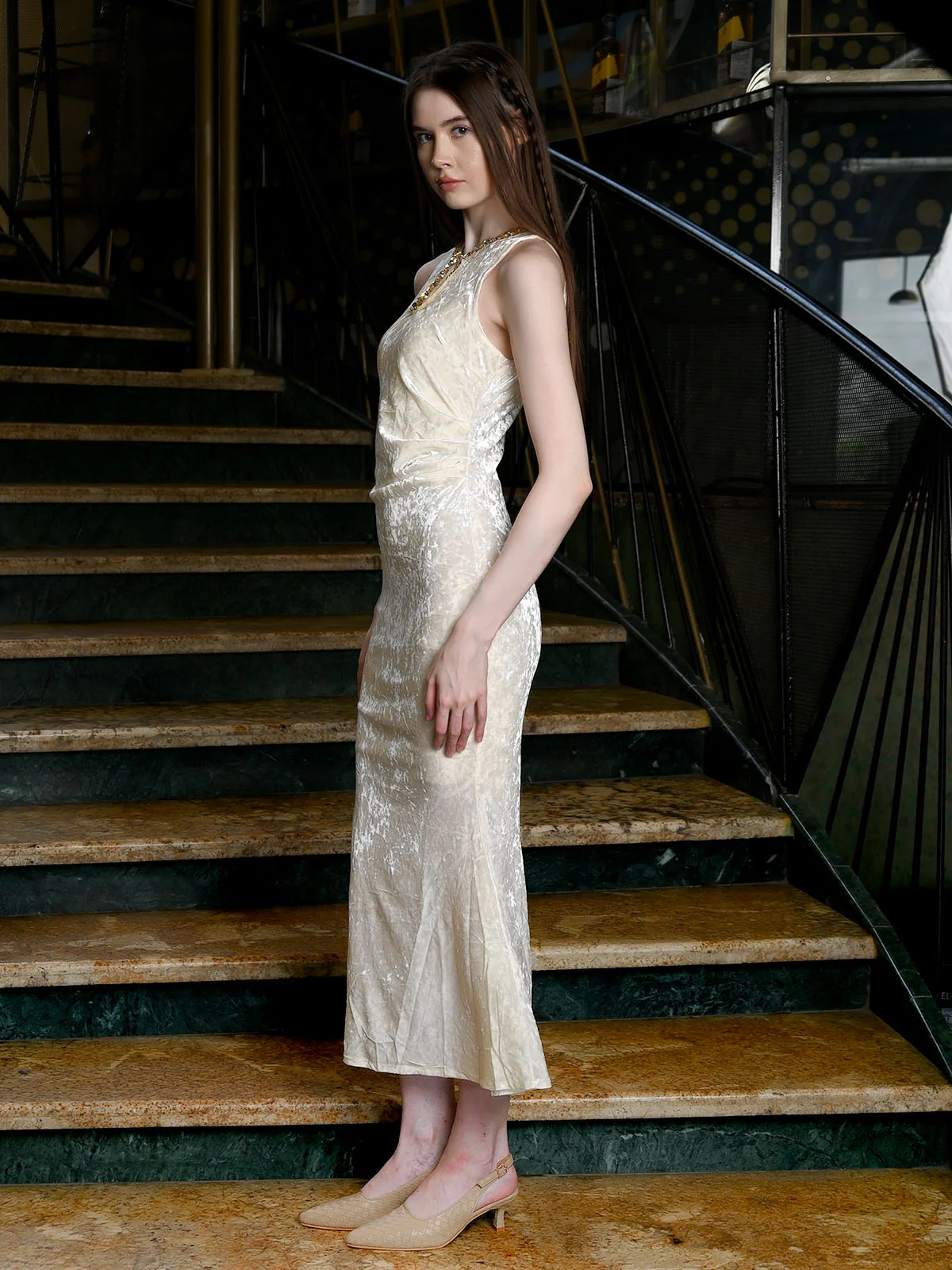 Odette Off White Velvet Solid Dress For Women - Image 2