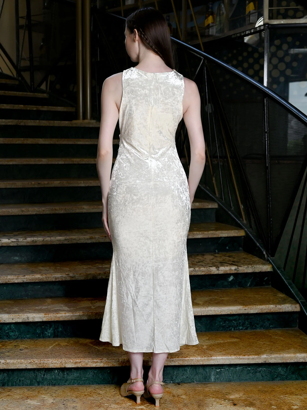 Odette Off White Velvet Solid Dress For Women - Image 3