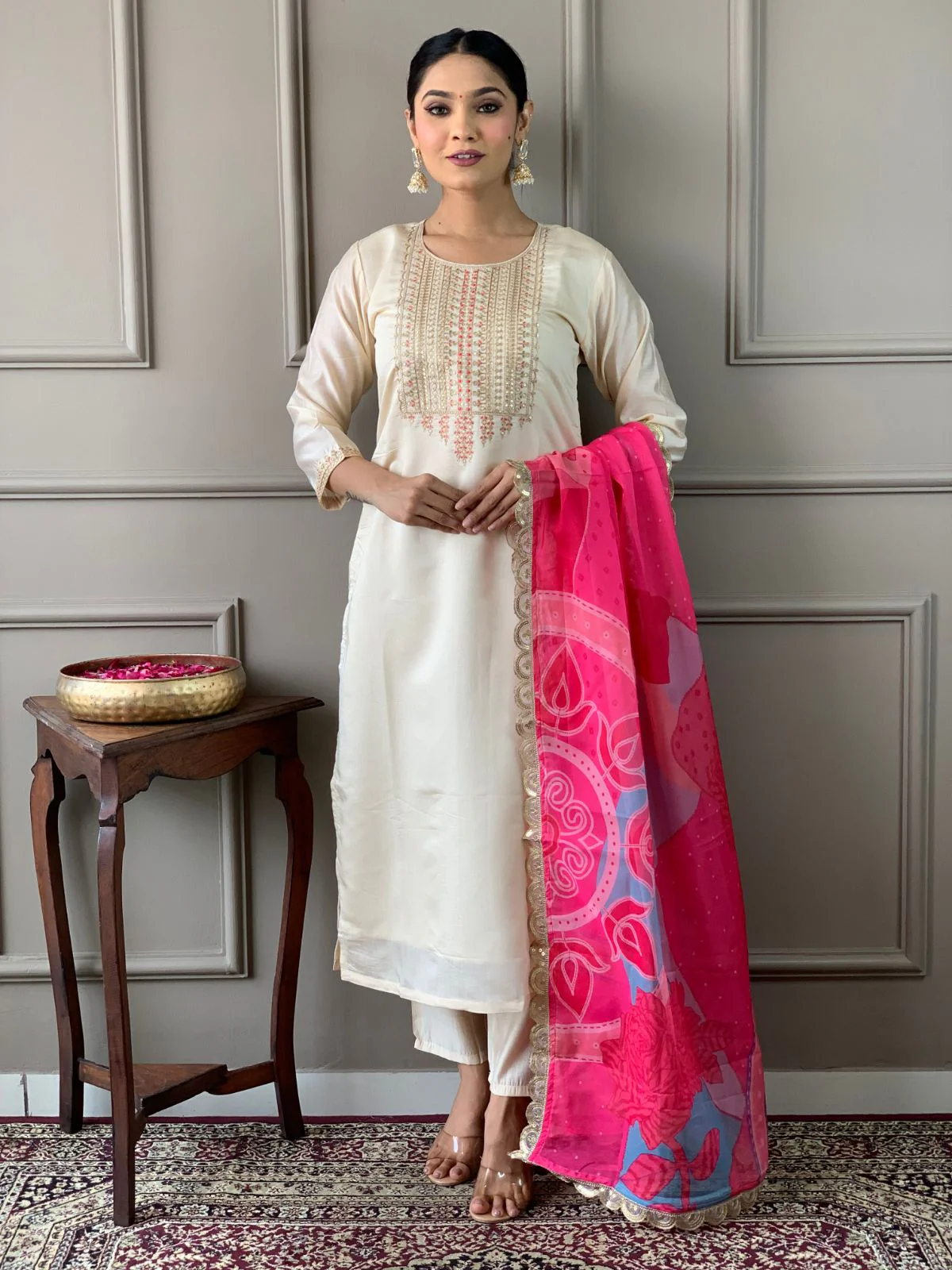 Odette Off White Viscose Embroidered Stitched Kurta Set For Women - Image 3