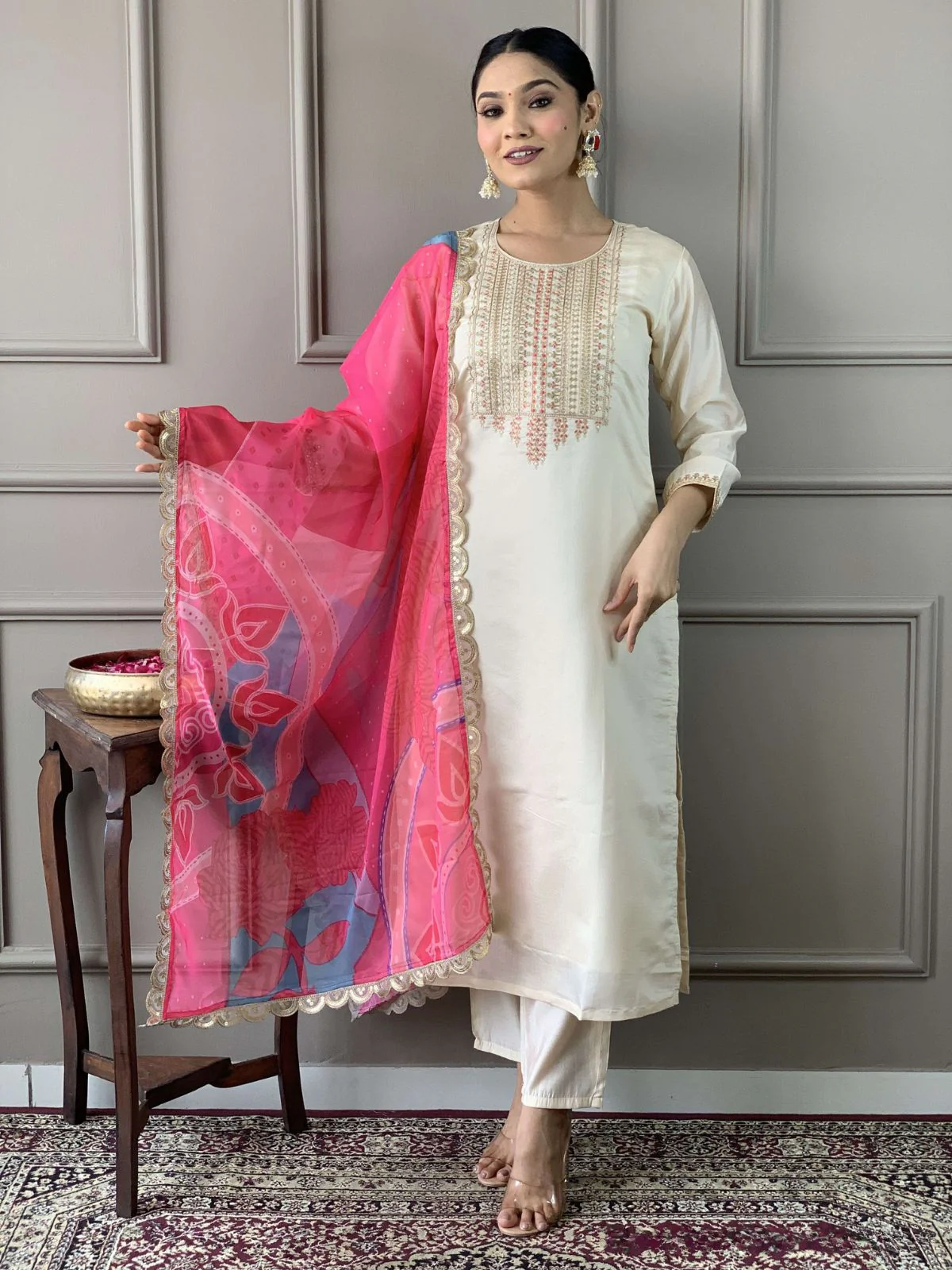 Odette Off White Viscose Embroidered Stitched Kurta Set For Women - Image 4
