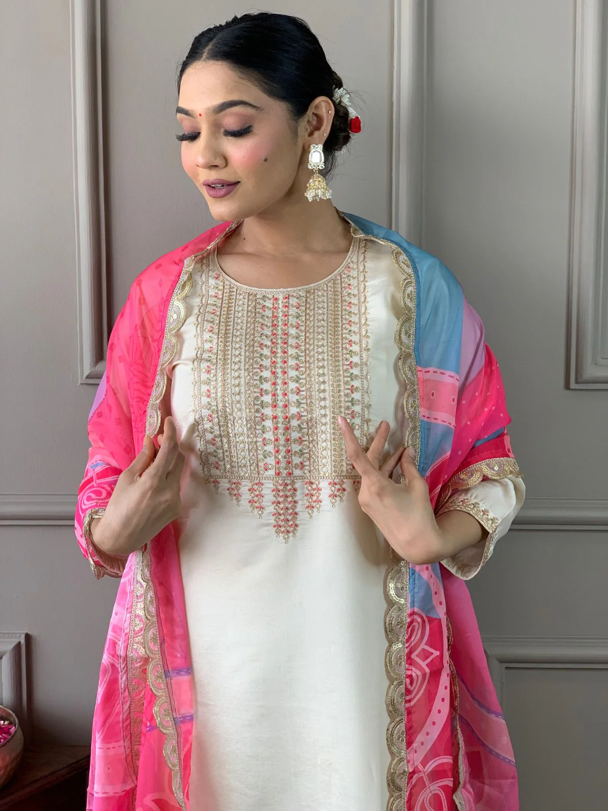 Odette Off White Viscose Embroidered Stitched Kurta Set For Women - Image 5