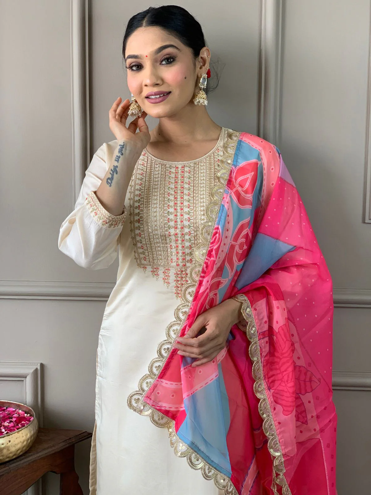 Odette Off White Viscose Embroidered Stitched Kurta Set For Women - Image 6
