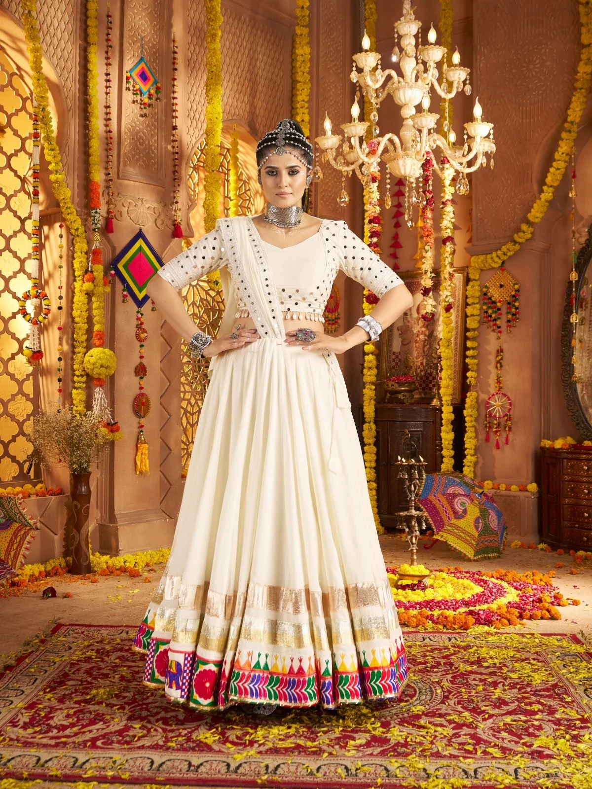 Odette Off White Viscose Rayon Embroidered Semi-Stitched lehenga With Stunning Tassels For Women