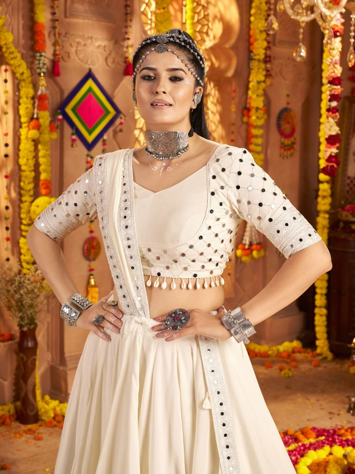 Odette Off White Viscose Rayon Embroidered Semi-Stitched lehenga With Stunning Tassels For Women - Image 6