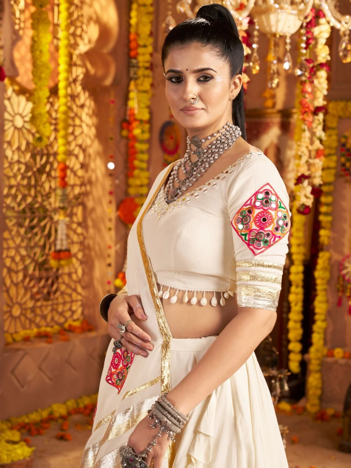 Odette Off White Viscose Rayon Rabari Work Semi-Stitched lehenga With Stunning Tassels For Women - Image 5