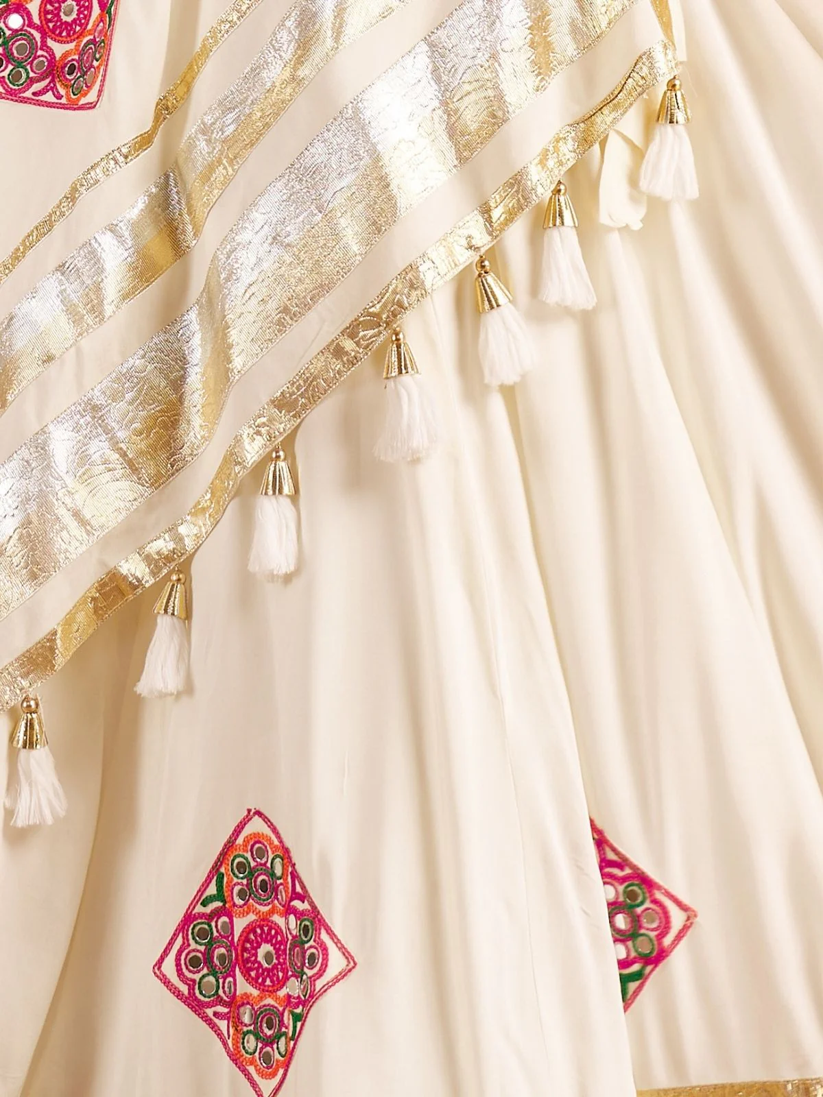 Odette Off White Viscose Rayon Rabari Work Semi-Stitched lehenga With Stunning Tassels For Women - Image 6