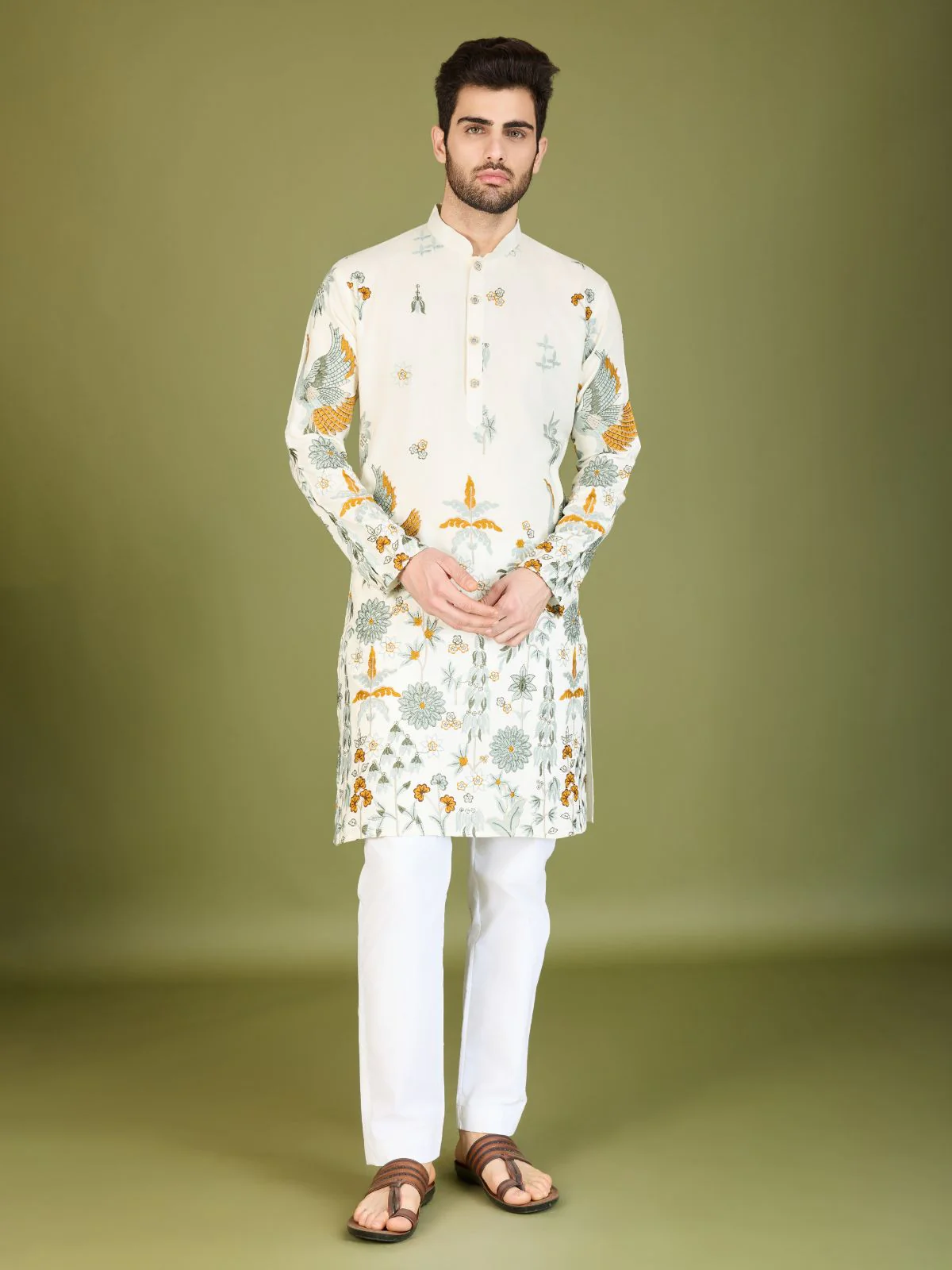 Odette Off White Viscose Rayon Stitched Kurta For Men - Image 2