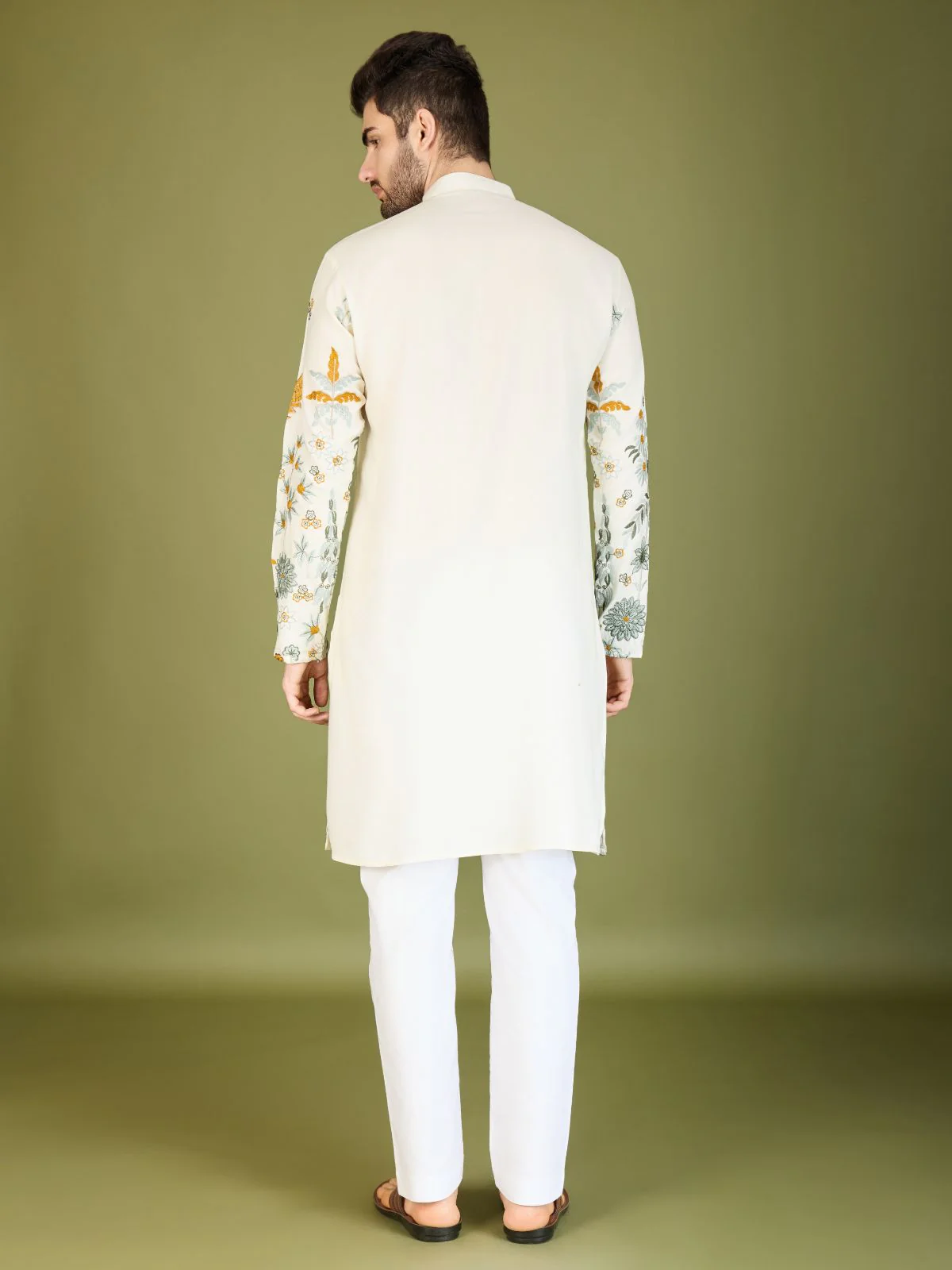 Odette Off White Viscose Rayon Stitched Kurta For Men - Image 5