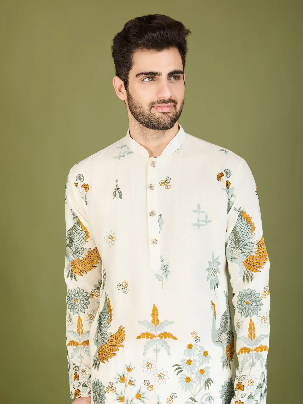 Odette Off White Viscose Rayon Stitched Kurta For Men - Image 6
