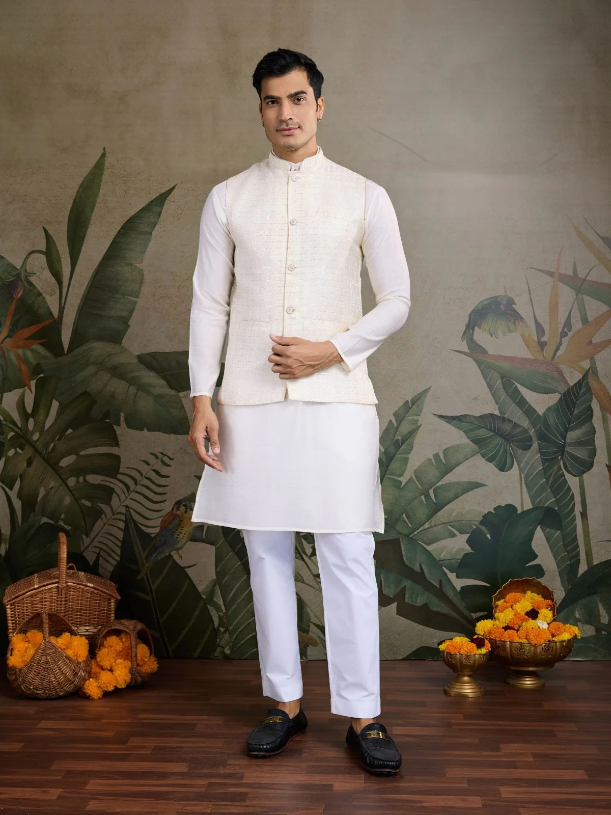 Odette Off White Viscose Silk Woven Stitched Kurta For Men
