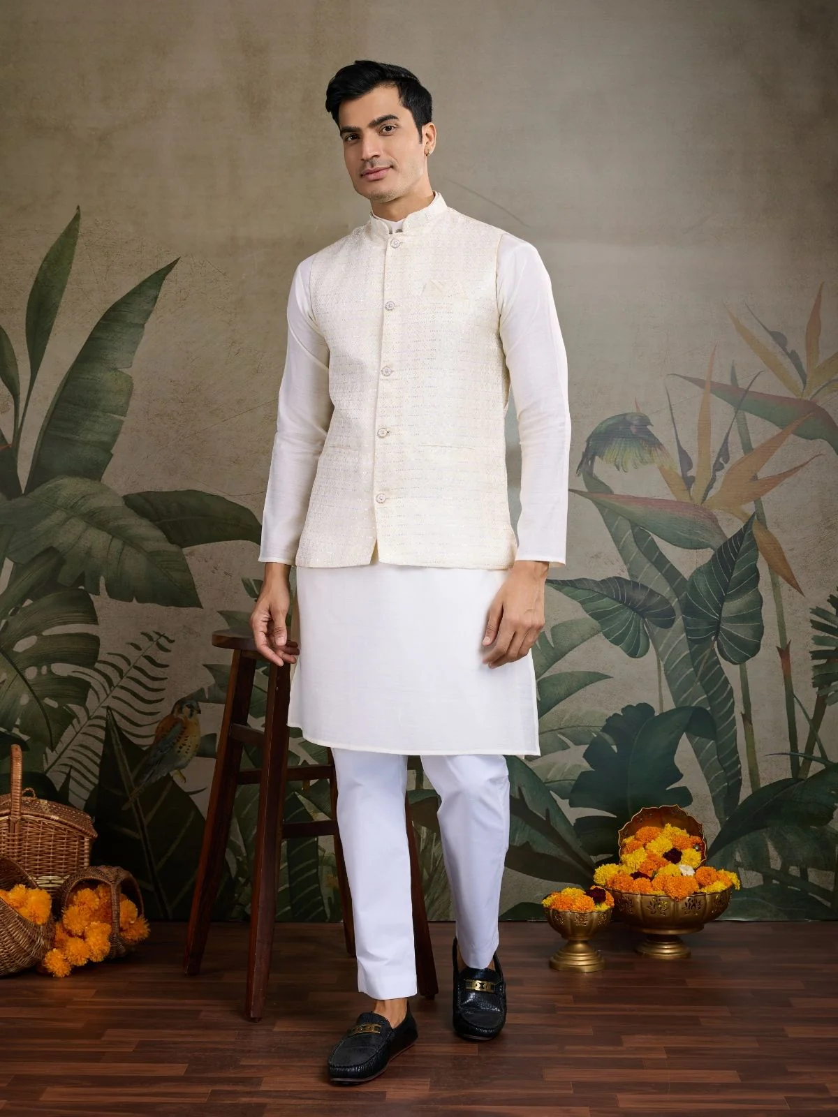 Odette Off White Viscose Silk Woven Stitched Kurta For Men - Image 2