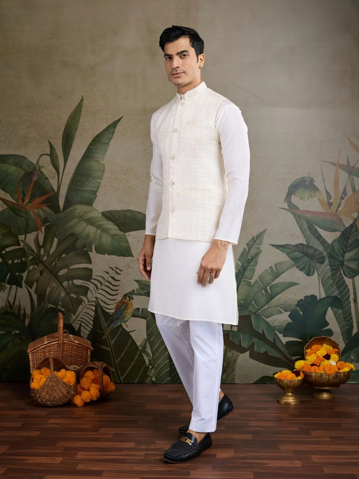 Odette Off White Viscose Silk Woven Stitched Kurta For Men - Image 3