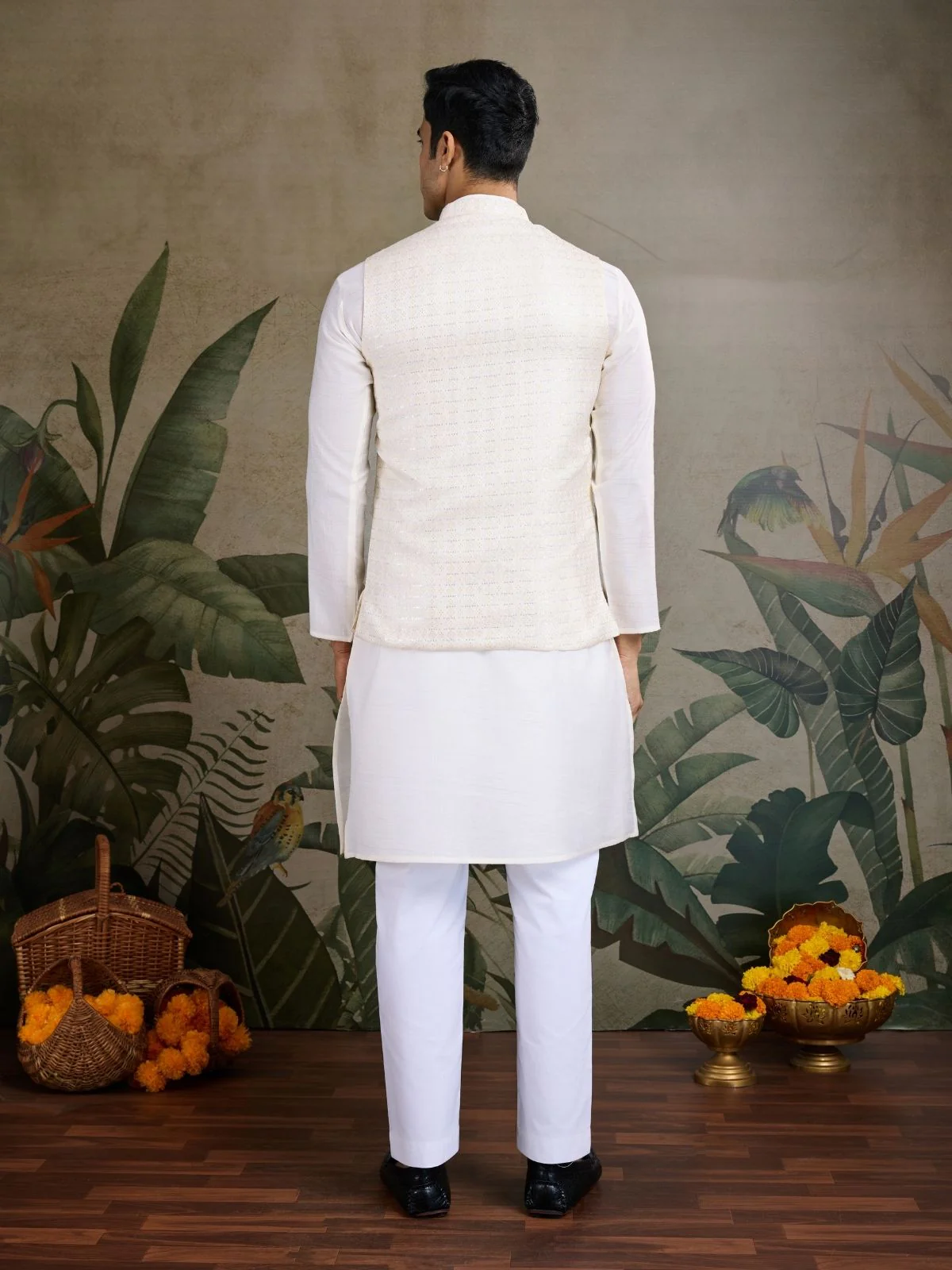 Odette Off White Viscose Silk Woven Stitched Kurta For Men - Image 5