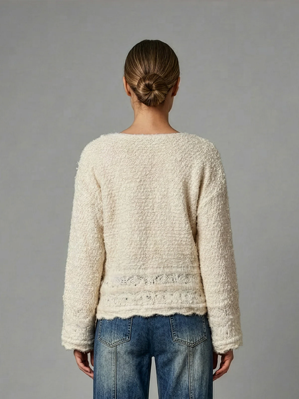 Odette Off White Woolen Floral Applique Top For Women - Image 3