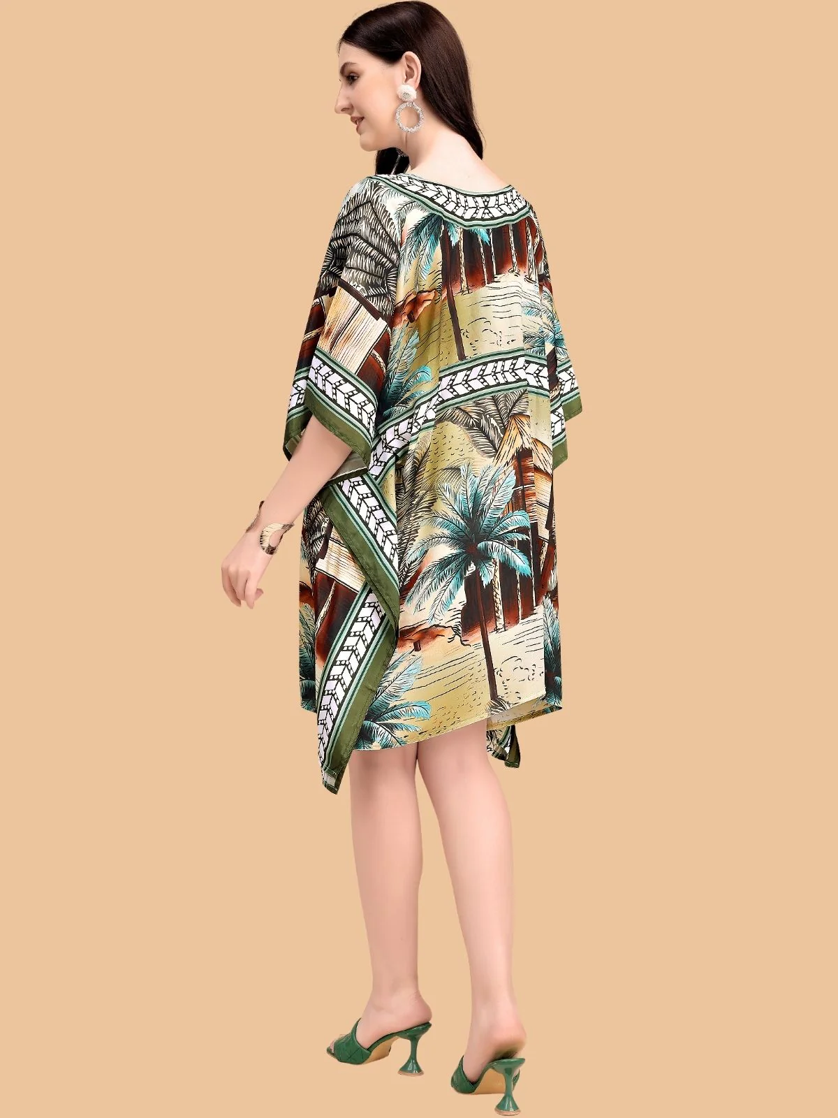 Odette Olive And Brown Silk Blend Printed Kaftan For Women - Image 3