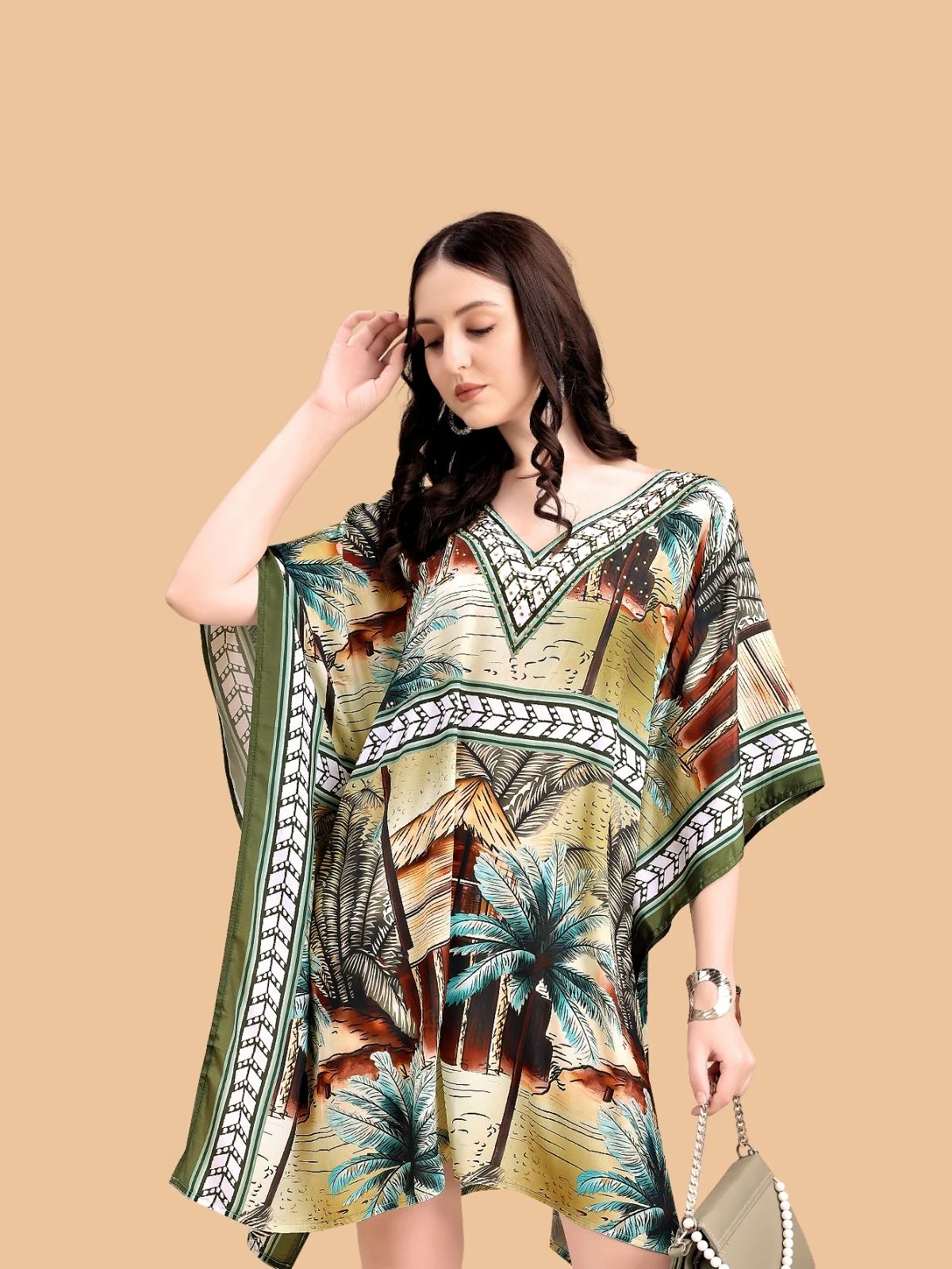 Odette Olive And Brown Silk Blend Printed Kaftan For Women - Image 4