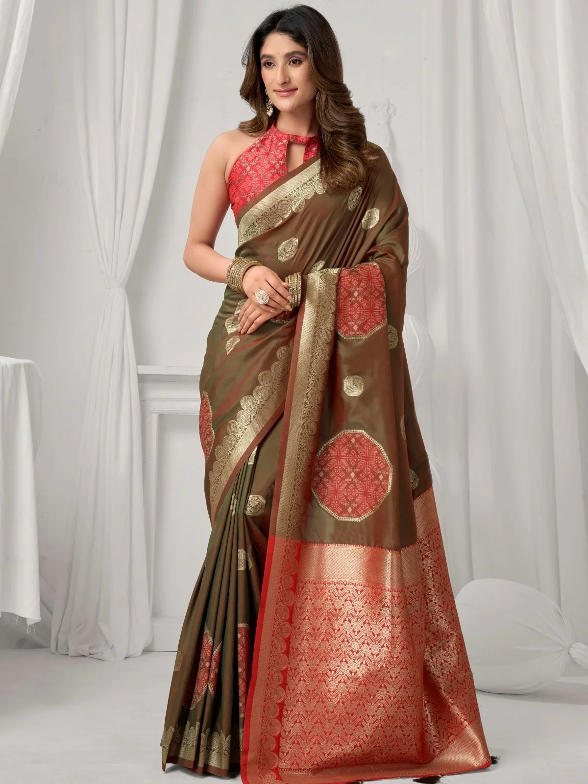 Odette Olive Brown and Red Silk Blend Woven Saree For Women