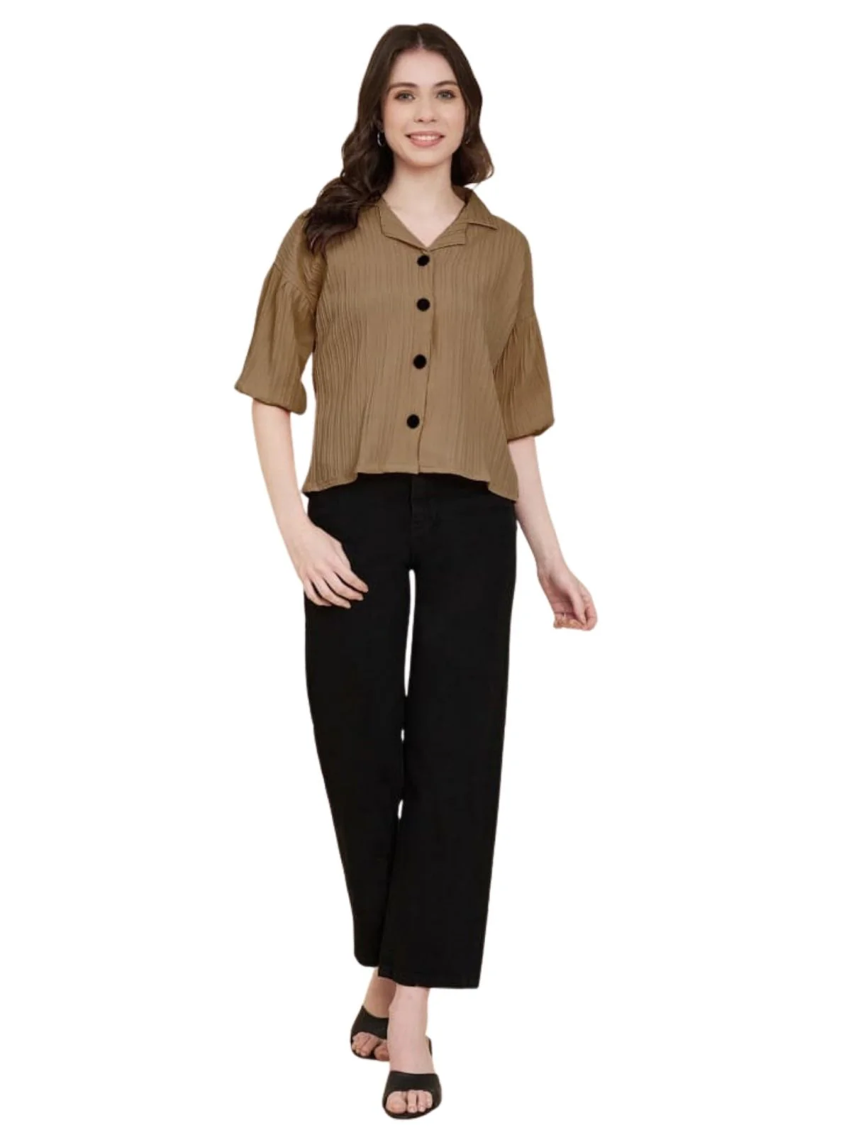 Odette Olive Brown Sugarcane Solid Shirt For Women
