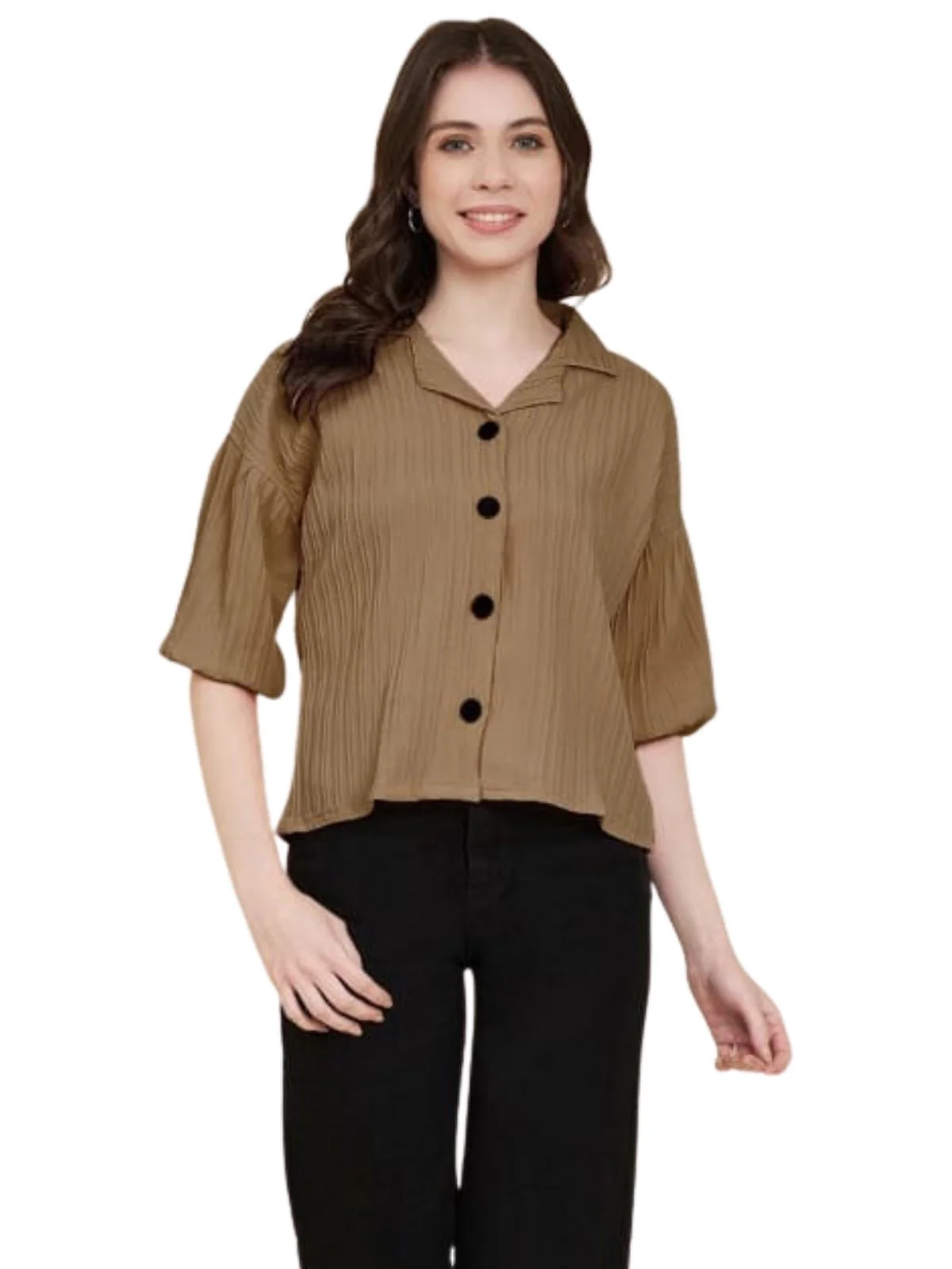 Odette Olive Brown Sugarcane Solid Shirt For Women - Image 2