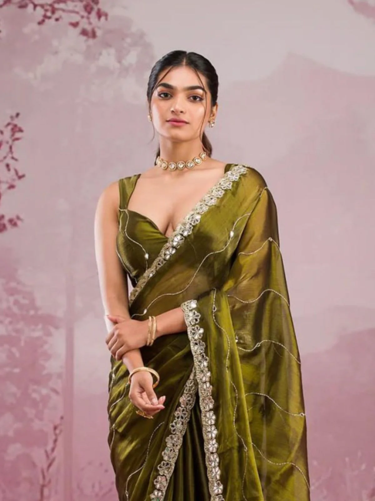 Odette Olive Chiffon Embroidered Saree For Women - Image 2