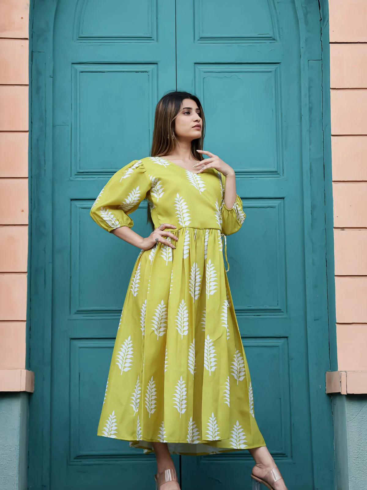 Odette Olive Chiffon Stitched Printed Indo Western Dress For Women - Image 2