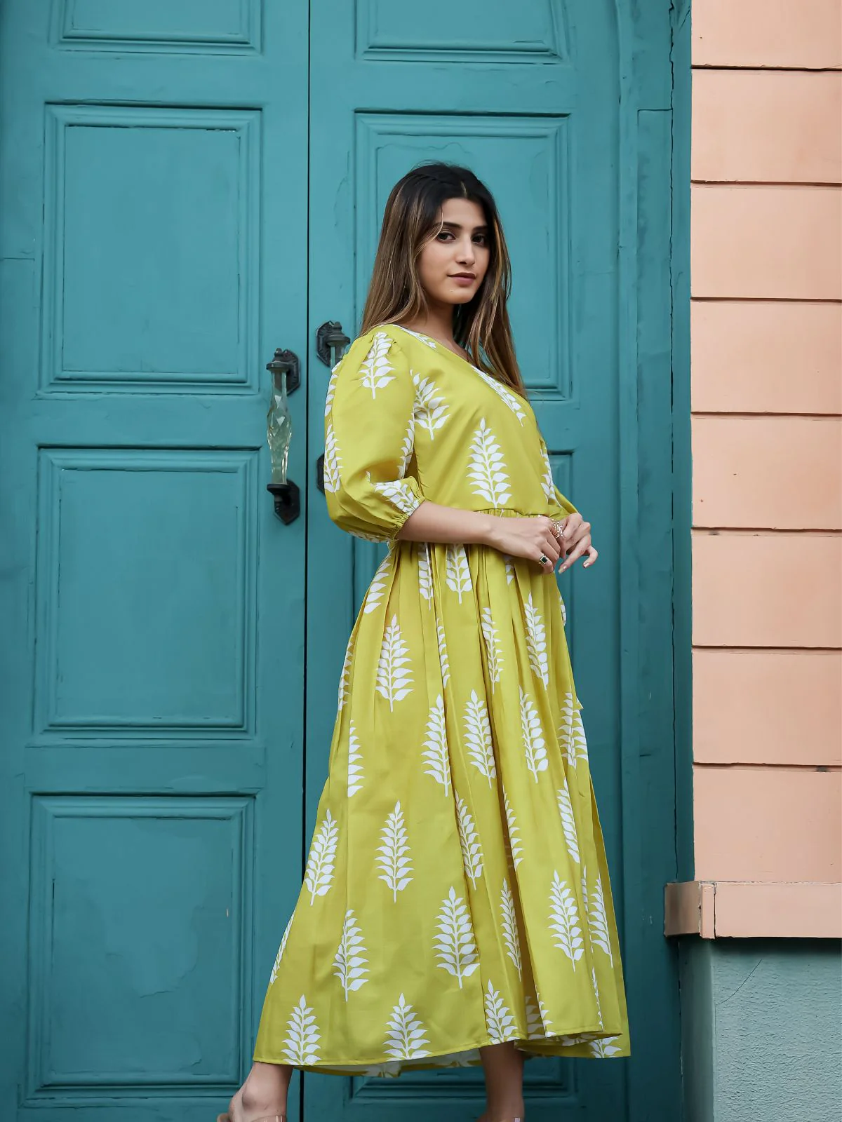 Odette Olive Chiffon Stitched Printed Indo Western Dress For Women - Image 3
