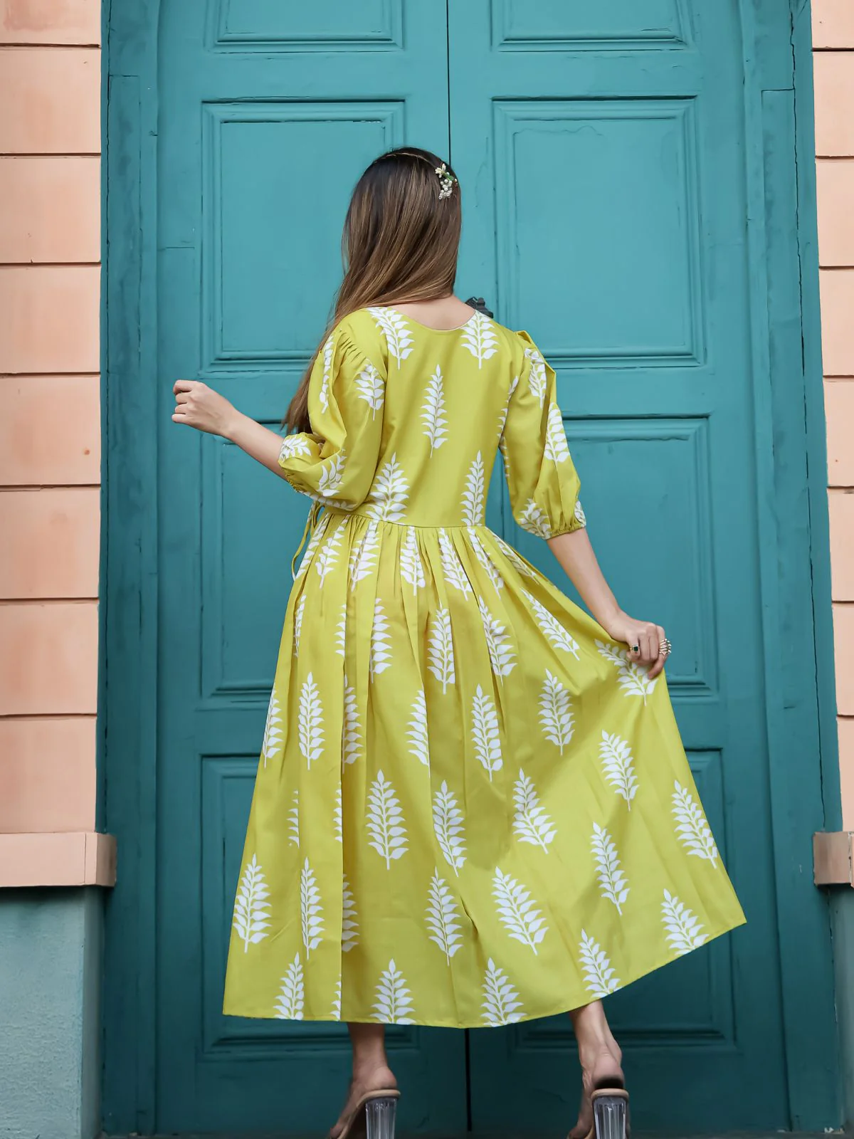 Odette Olive Chiffon Stitched Printed Indo Western Dress For Women - Image 4
