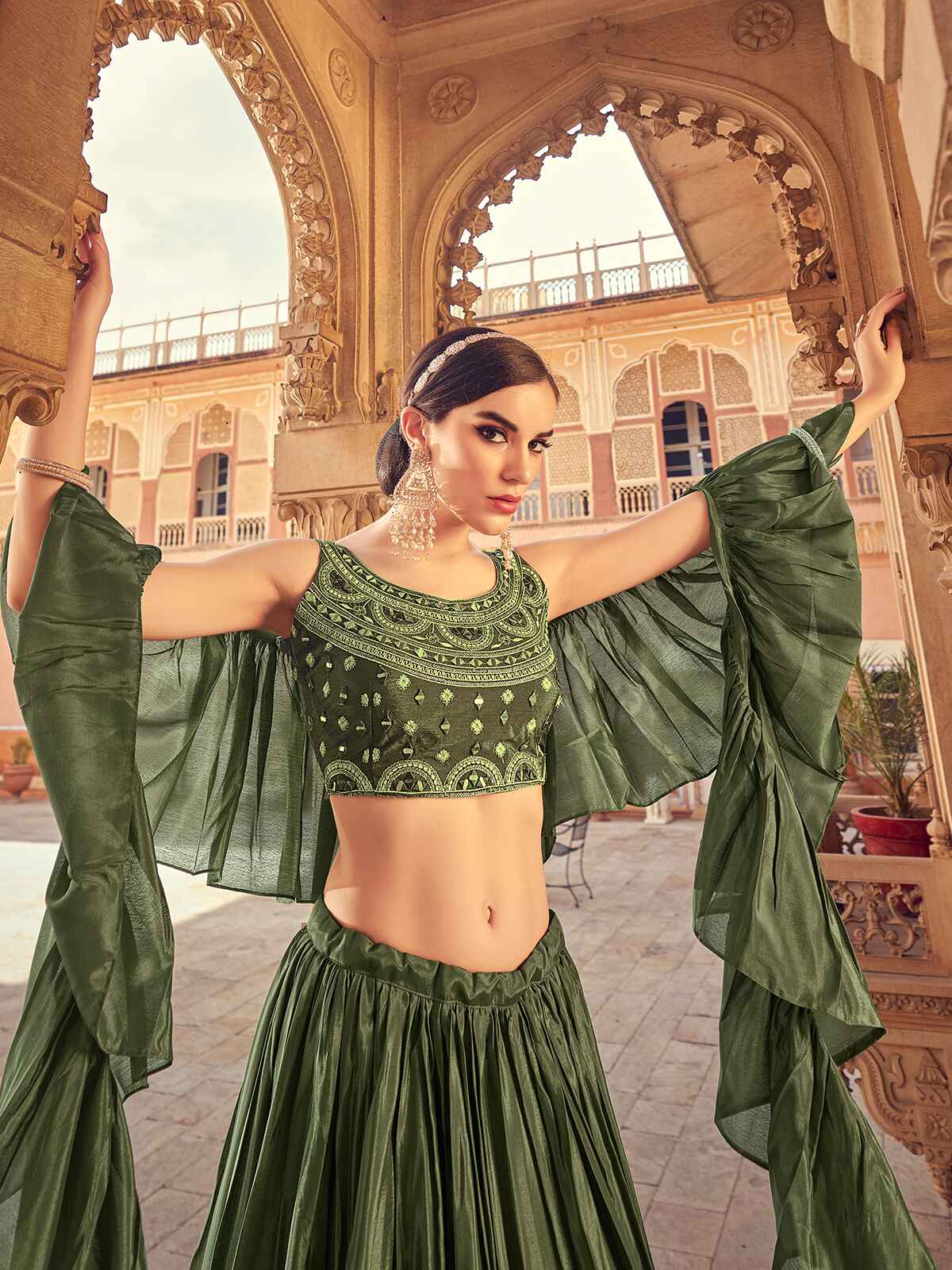 Odette Olive Chinon Embellished Semi Stitched Lehenga With Unstitched Blouse For Women - Image 2