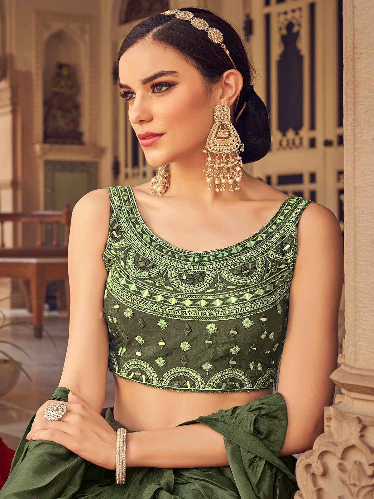 Odette Olive Chinon Embellished Semi Stitched Lehenga With Unstitched Blouse For Women - Image 4