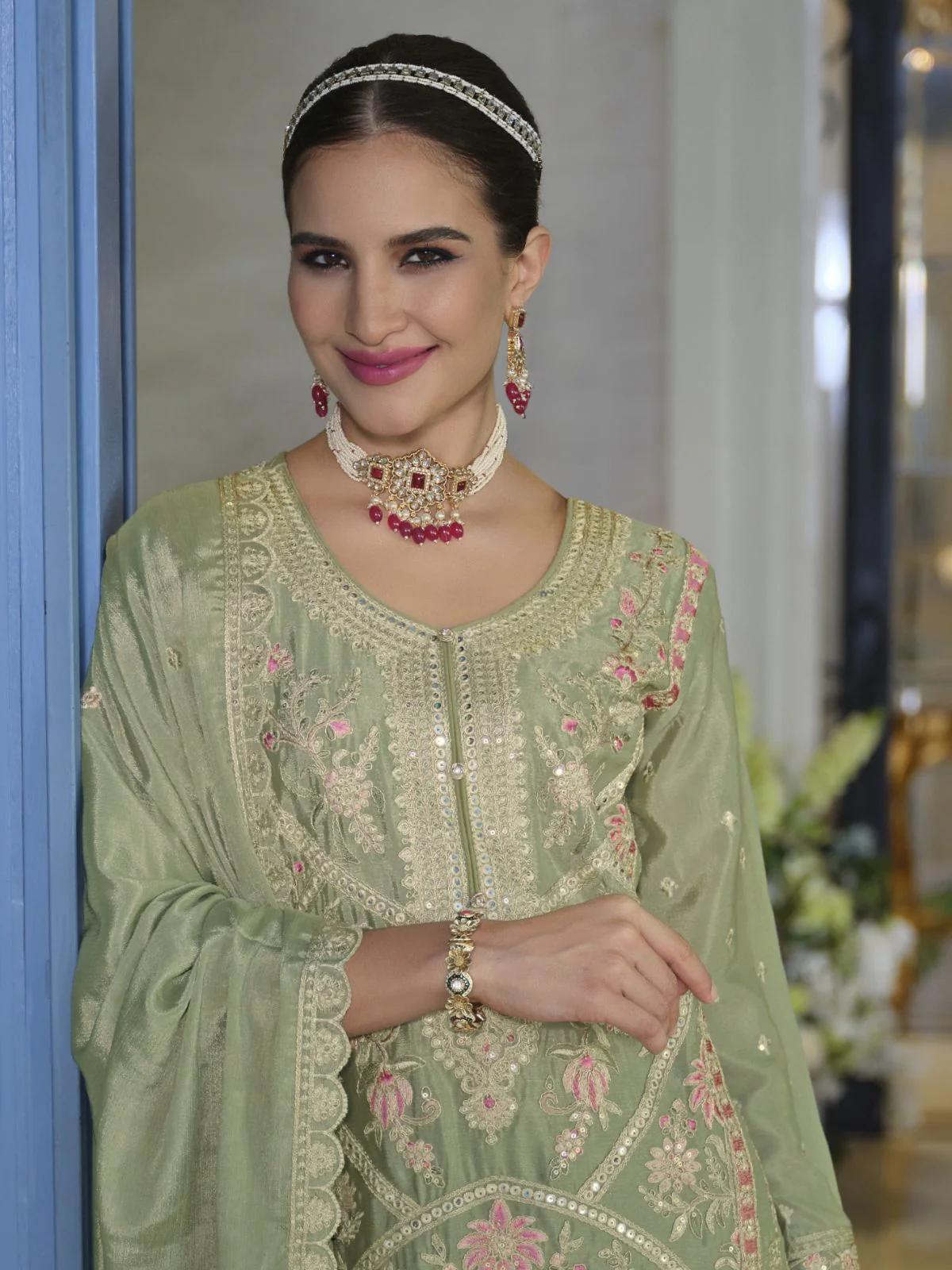 Odette Olive Chinon Embroidered Semi-Stitched Kurta Set For Women - Image 2