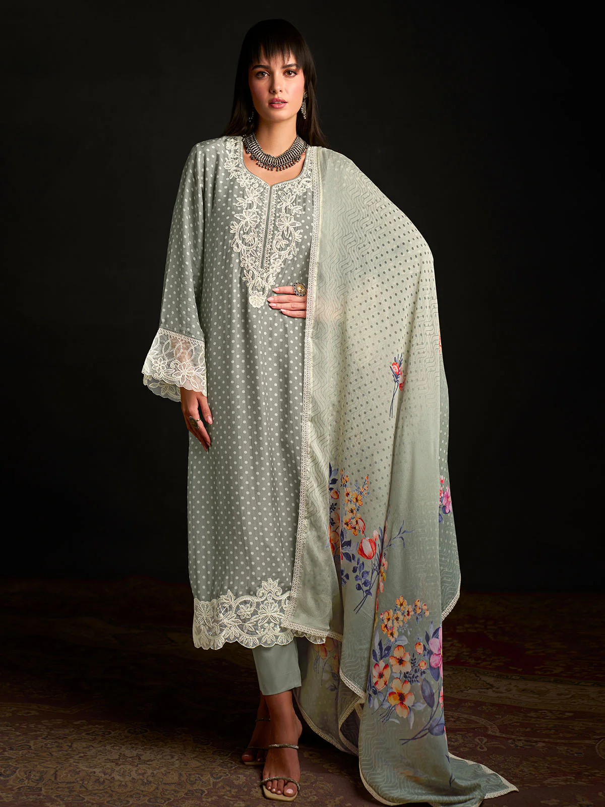 Odette Olive Cotton Blend  Embroidered Semi-Stitched Kurta Set For Women - Image 2