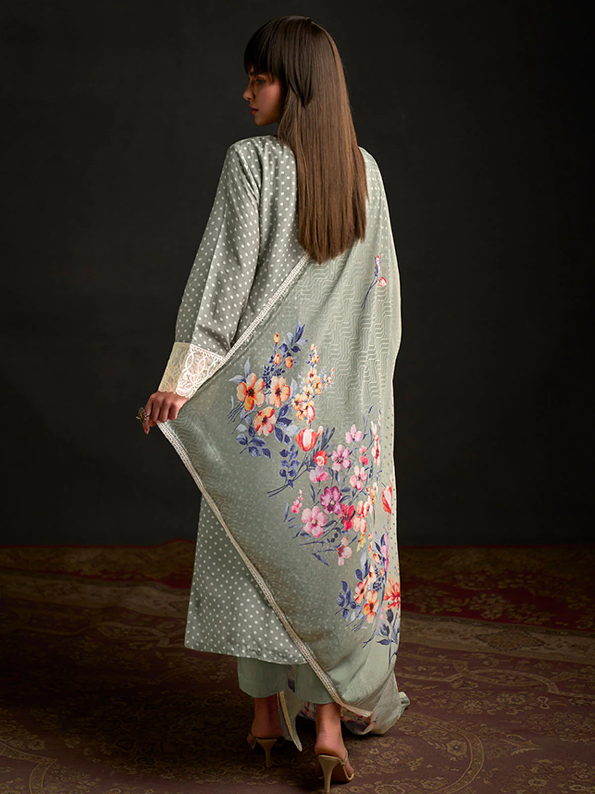 Odette Olive Cotton Blend  Embroidered Semi-Stitched Kurta Set For Women - Image 3
