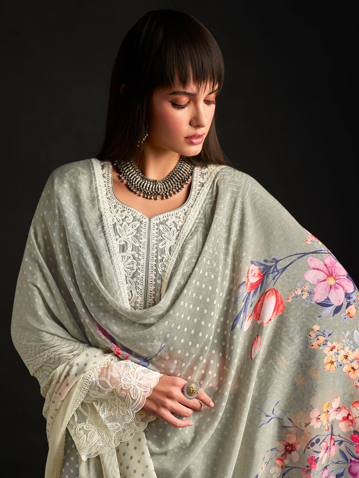 Odette Olive Cotton Blend  Embroidered Semi-Stitched Kurta Set For Women - Image 5