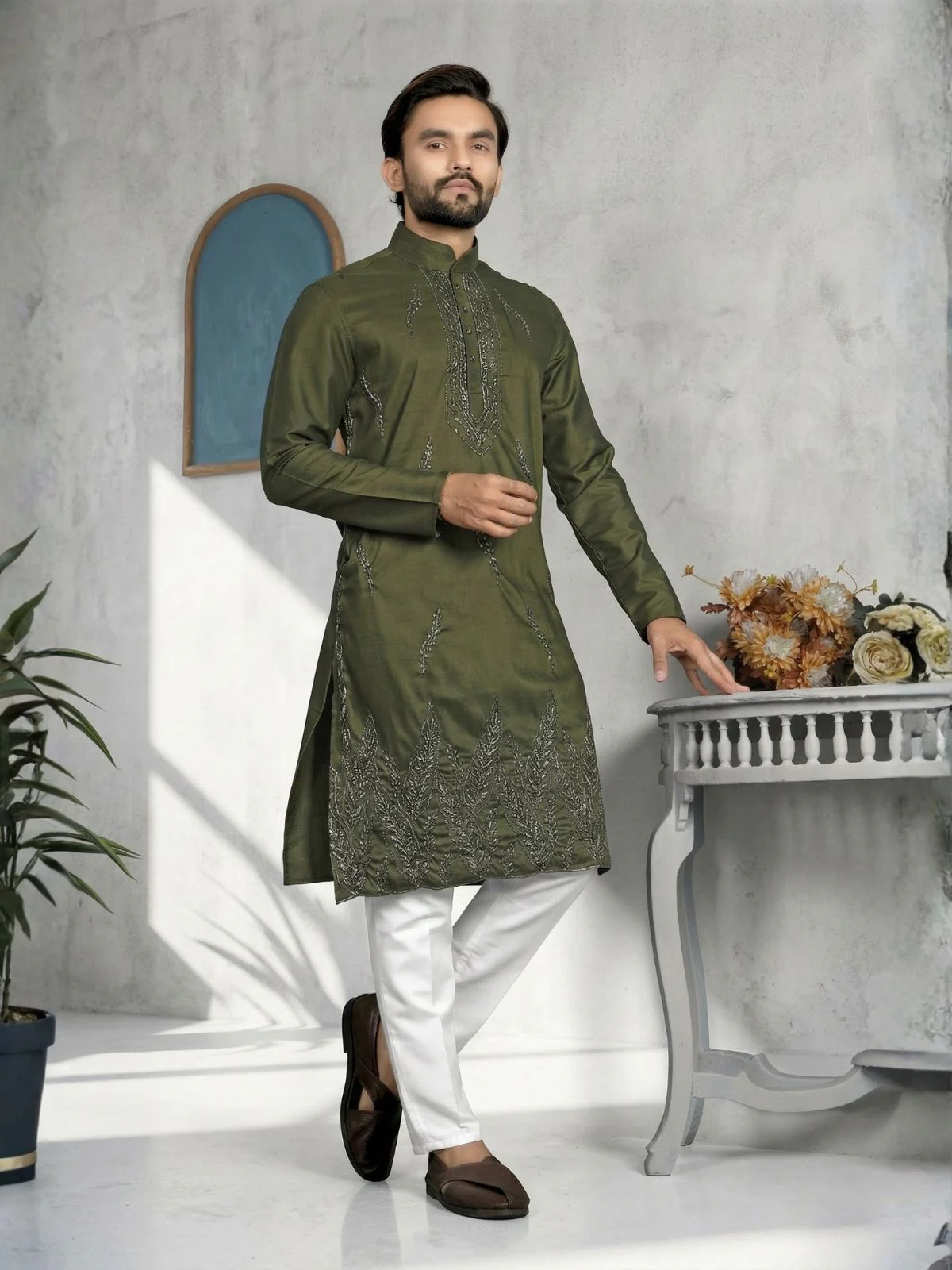 Odette Olive Cotton Blend Embroidered Solid Kurta For Men
