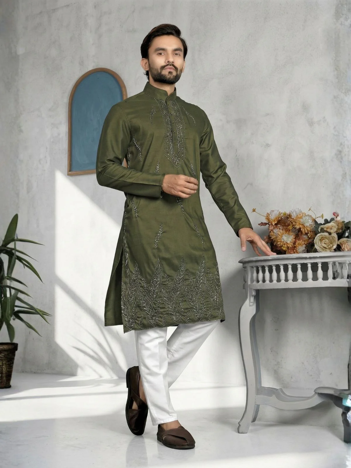 Odette Olive Cotton Blend Embroidered Solid Kurta For Men - Image 2