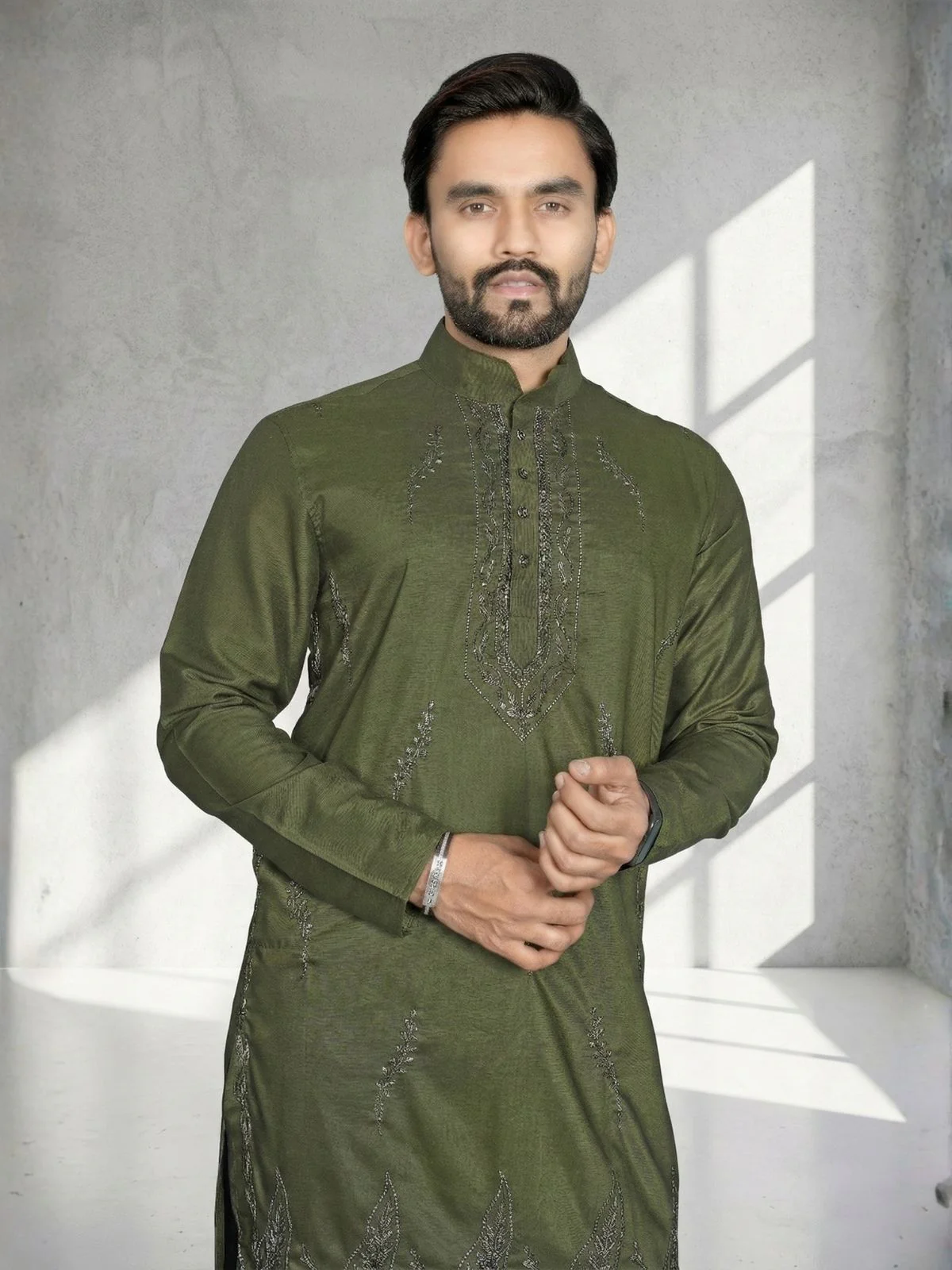 Odette Olive Cotton Blend Embroidered Solid Kurta For Men - Image 5