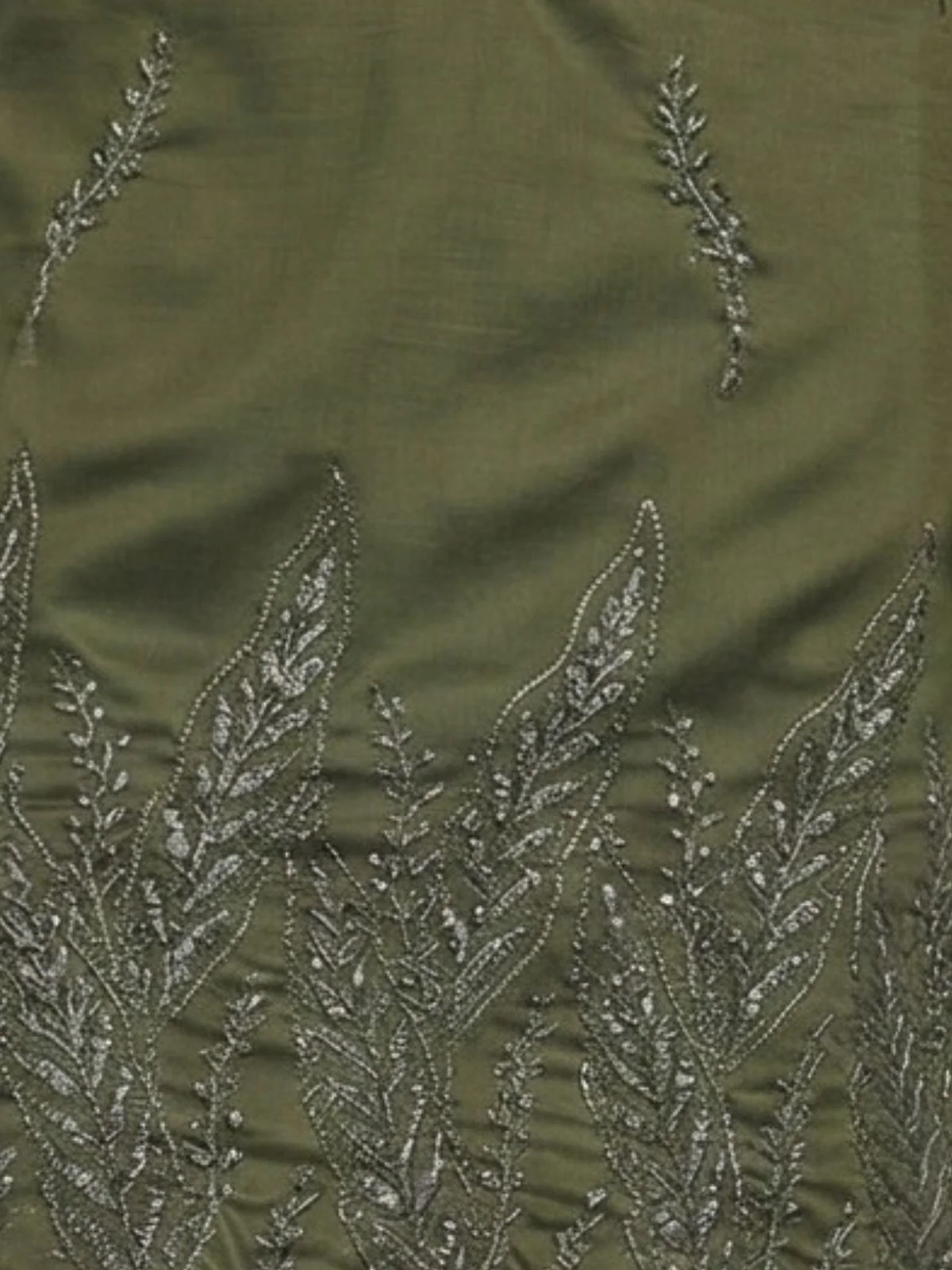 Odette Olive Cotton Blend Embroidered Solid Kurta For Men - Image 6