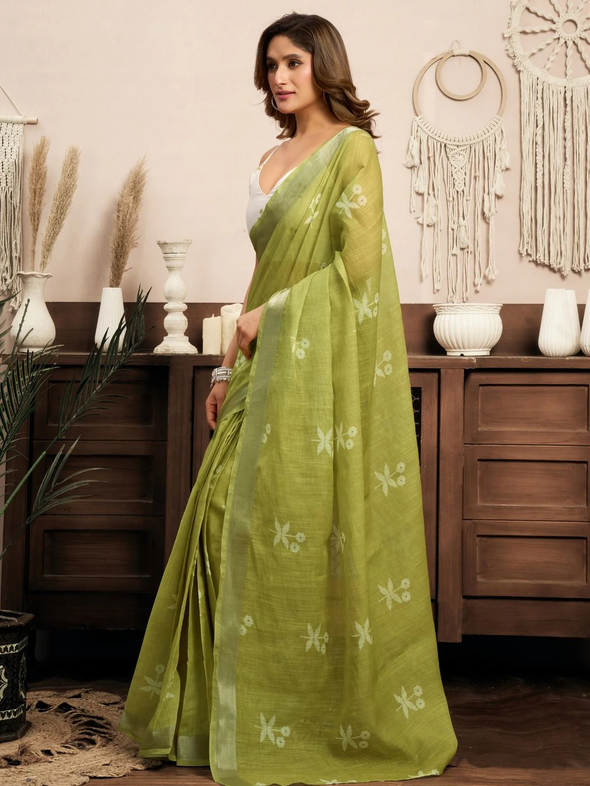 Odette Olive Cotton Linen Zari Work Saree For Women - Image 2