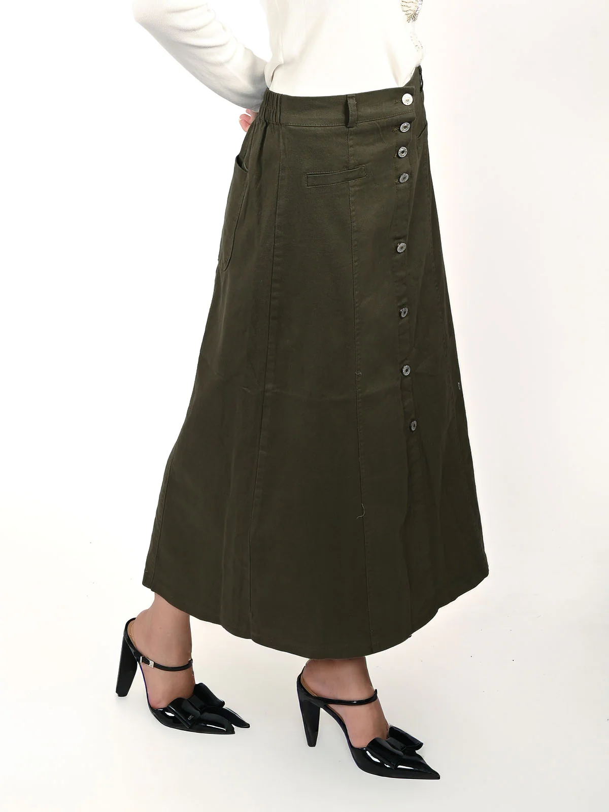 Odette Olive Denim Solid Skirt For Women - Image 2
