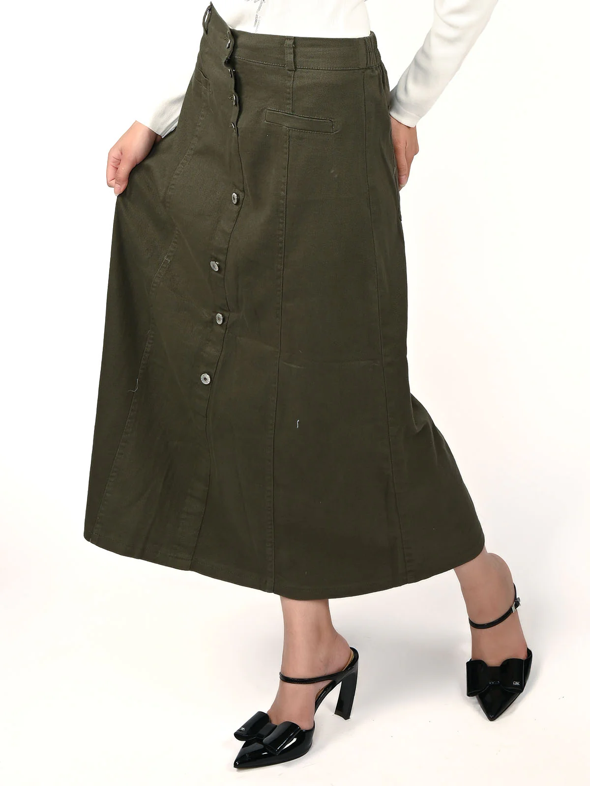 Odette Olive Denim Solid Skirt For Women - Image 3