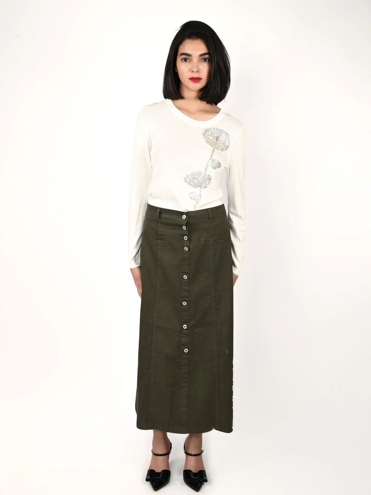 Odette Olive Denim Solid Skirt For Women - Image 6
