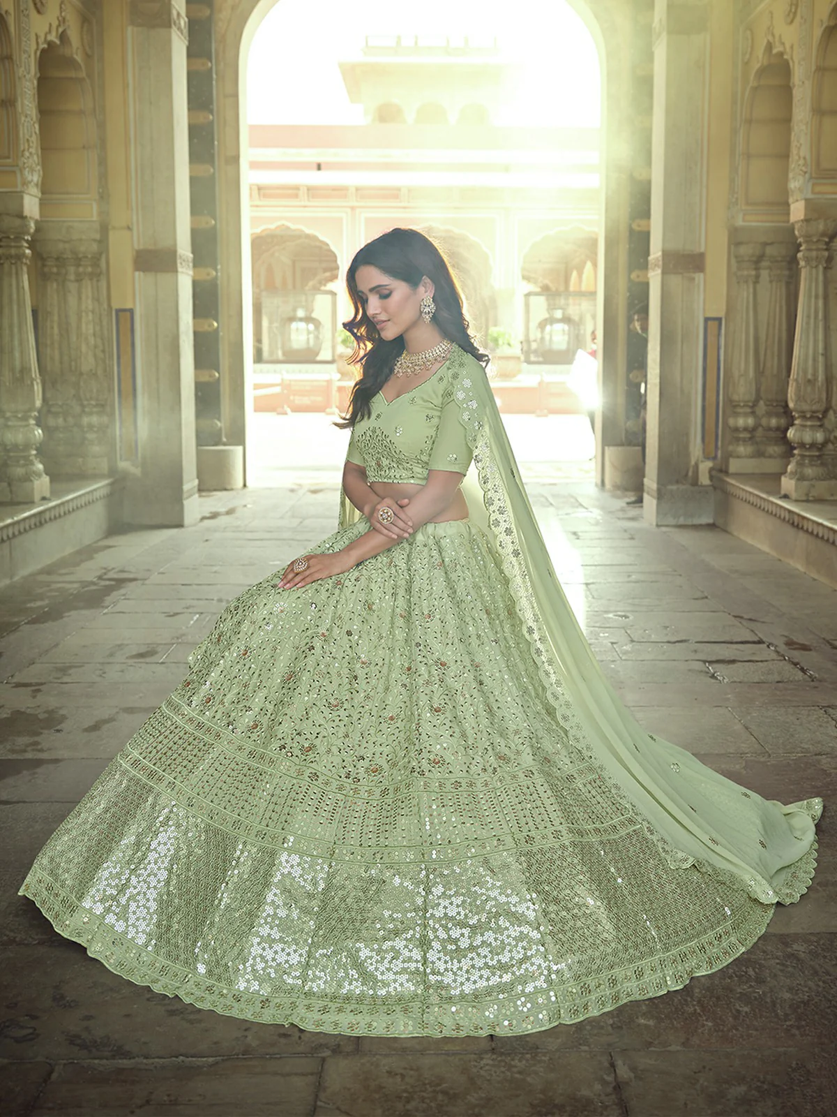Odette Olive Embellished Georgette Semi Stitched Lehenga With Blouse For Women - Image 2