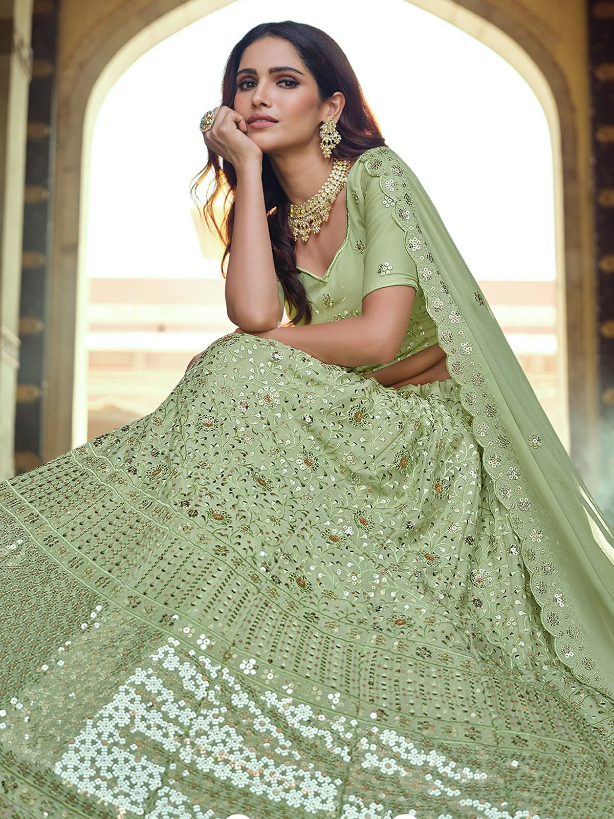 Odette Olive Embellished Georgette Semi Stitched Lehenga With Blouse For Women - Image 3