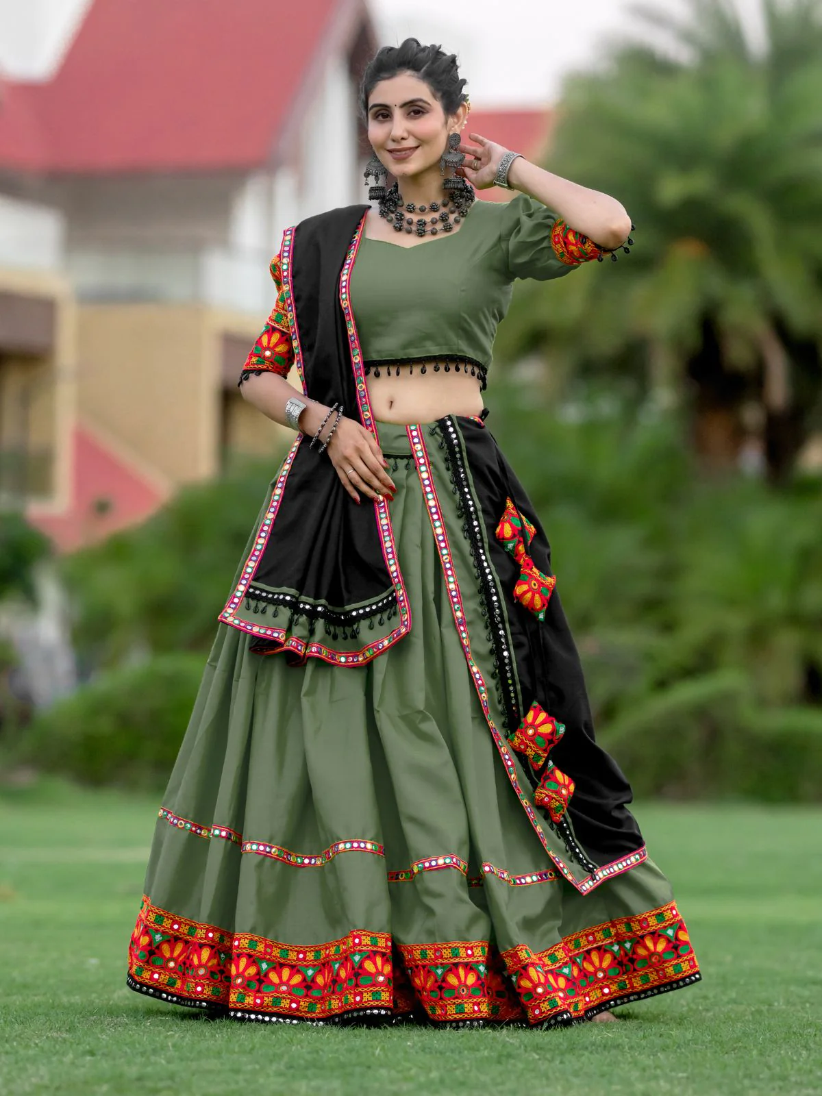 Odette Olive Embroidered Cotton Semi Stitched Lehenga With Unstitched Blouse For Women - Image 2