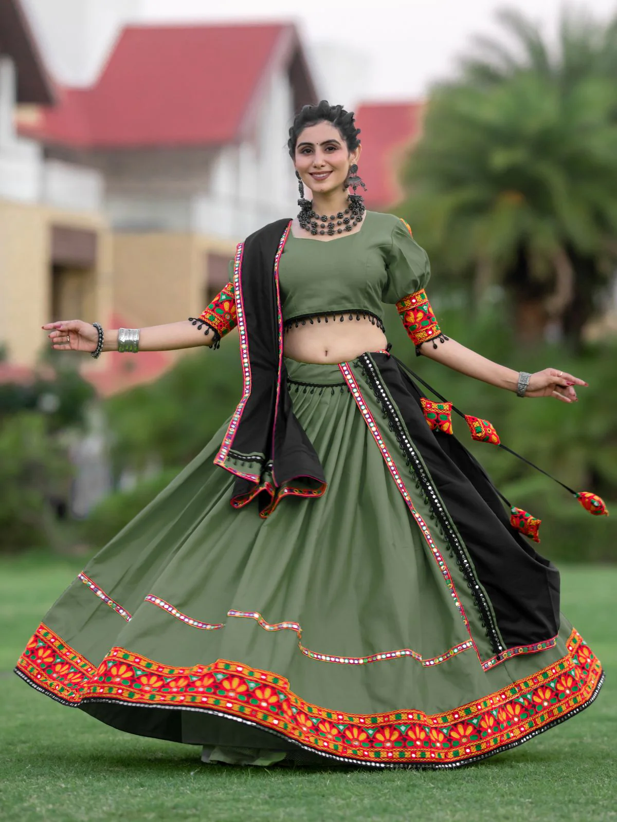 Odette Olive Embroidered Cotton Semi Stitched Lehenga With Unstitched Blouse For Women - Image 4